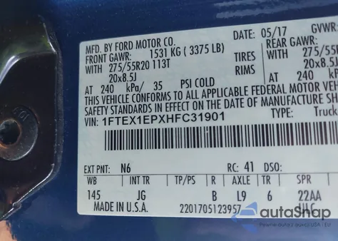 2017 Ford F-150 Xl z USA, uszkodzony, nr VIN 1FTEX1EPXHFC31901